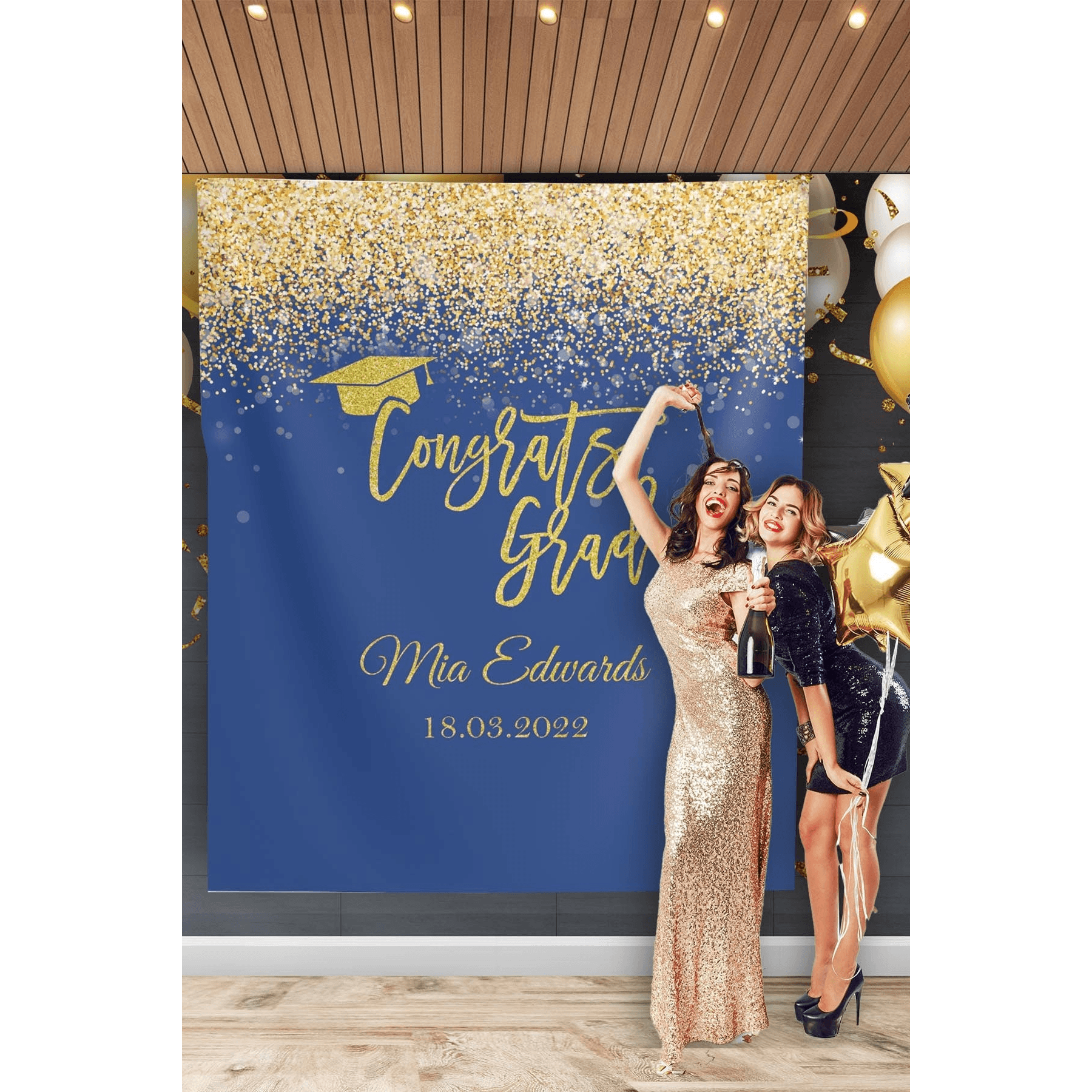 Blue and Gold Graduation Backdrop - iJay Backdrops