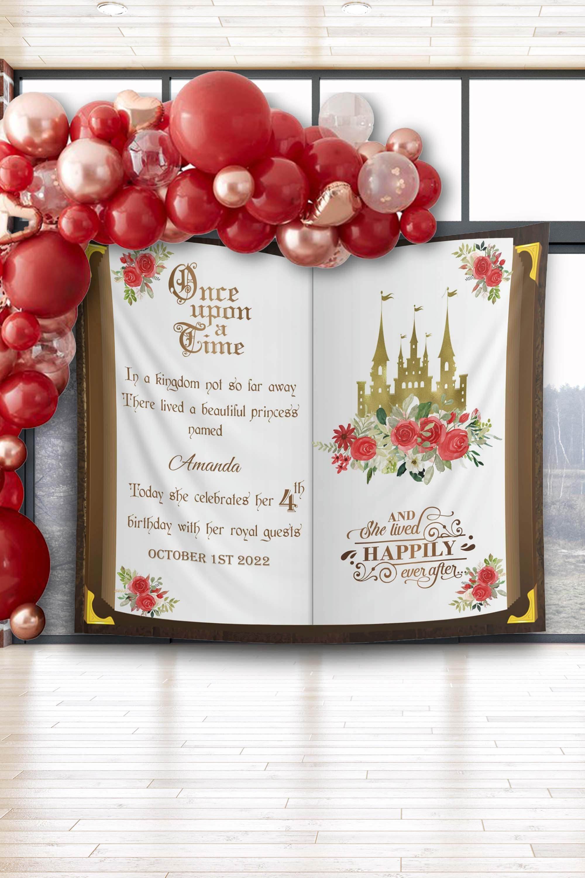 Red Roses Birthday Decor Once Upon a Time Birthday Backdrop Princess Party Banner Royal Castle Fairytale Background Derby Happy Birthday - iJay Backdrops
