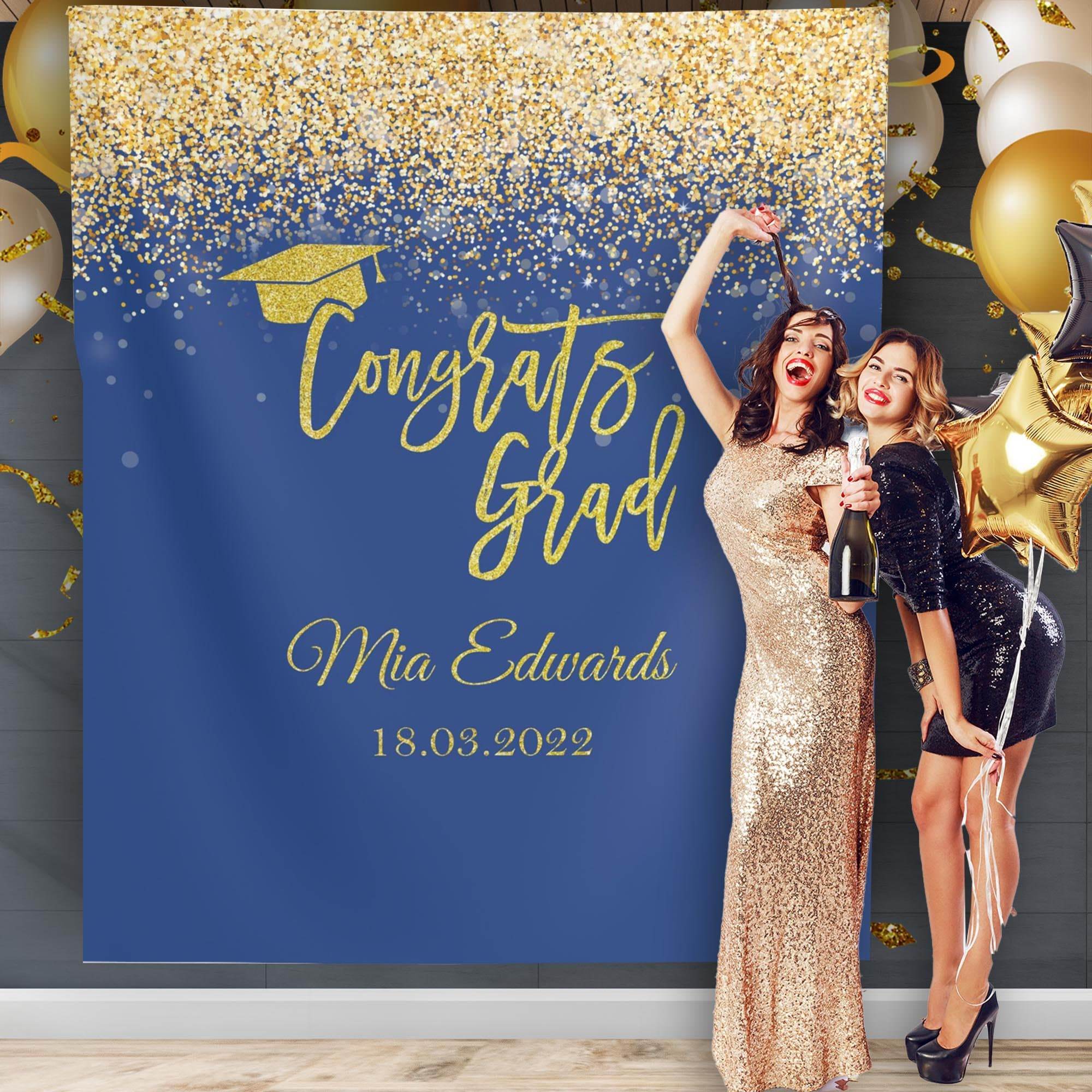 Royal Blue Gold Graduation Backdrop, Congrats Grad Backdrop, Grad Celebration Background, College Grad Party Backdrop, Prom Backdrop 2023 - iJay Backdrops