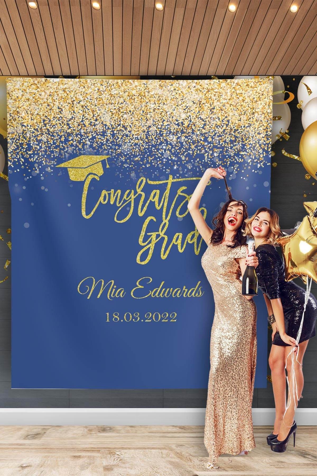 Royal Blue Gold Graduation Backdrop, Congrats Grad Backdrop, Grad Celebration Background, College Grad Party Backdrop, Prom Backdrop 2023 - iJay Backdrops