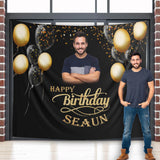 Custom Photo Black and Gold Birthday Balloon Backdrop