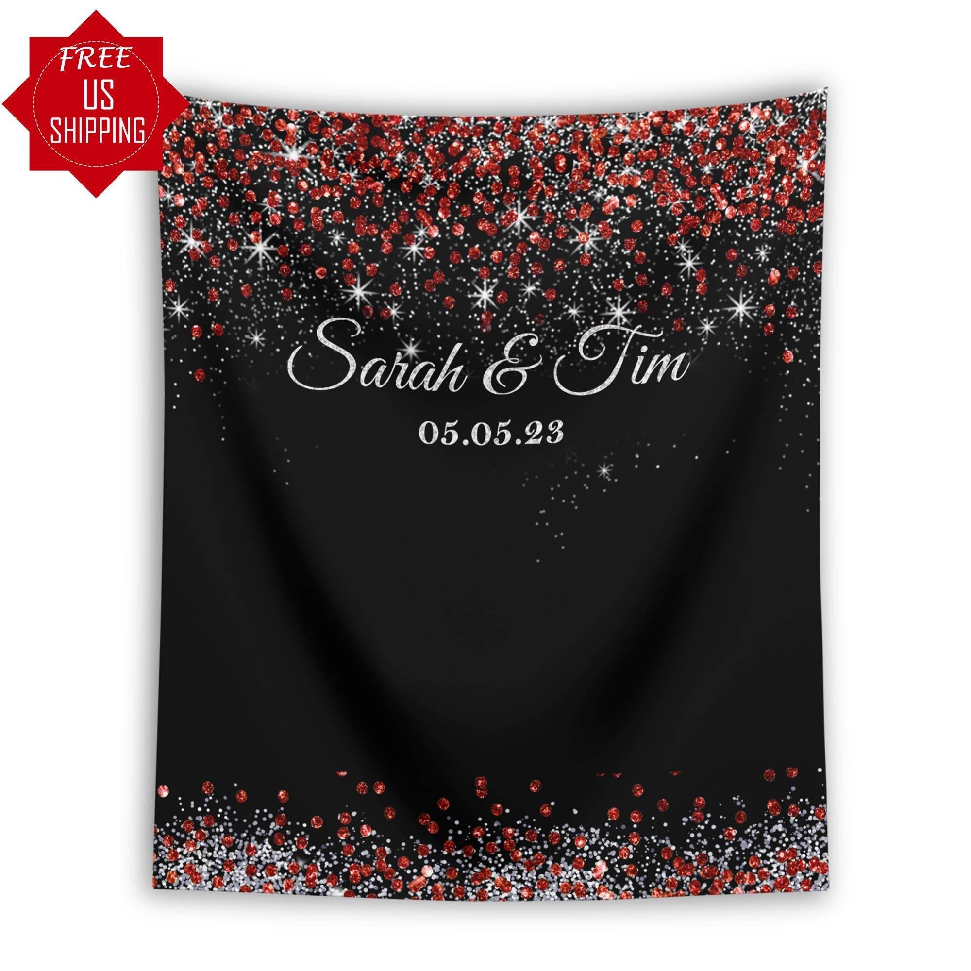 Wedding Photo Backdrop Red Silver Glitter Engagement Banner Custom Backdrop Black Red Wedding Photo Booth Bridal Shower Wedding Decoration - iJay Backdrops