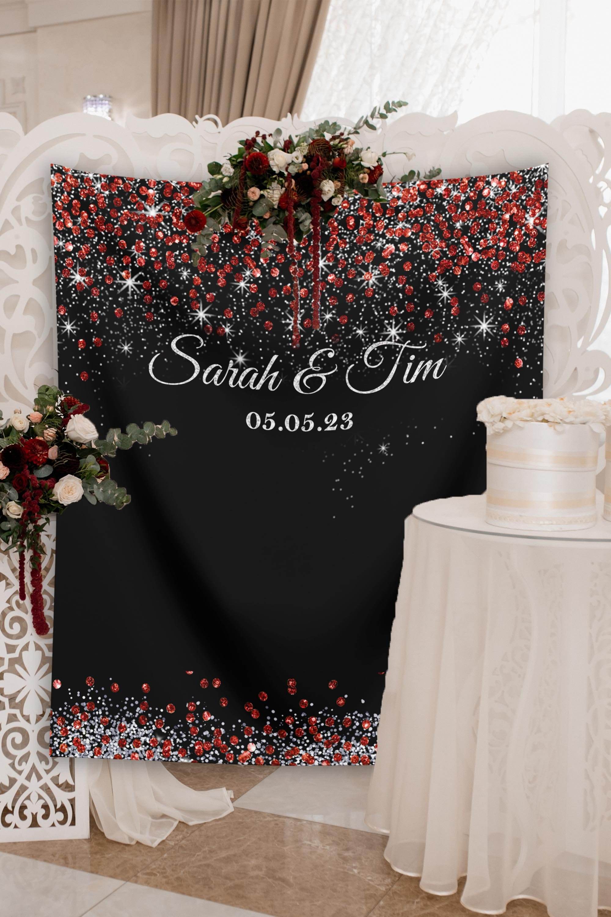 Wedding Photo Backdrop Red Silver Glitter Engagement Banner Custom Backdrop Black Red Wedding Photo Booth Bridal Shower Wedding Decoration - iJay Backdrops