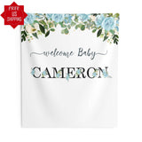 Personalized Baby Name - Blue Floral Baby Shower Backdrop - iJay Backdrops