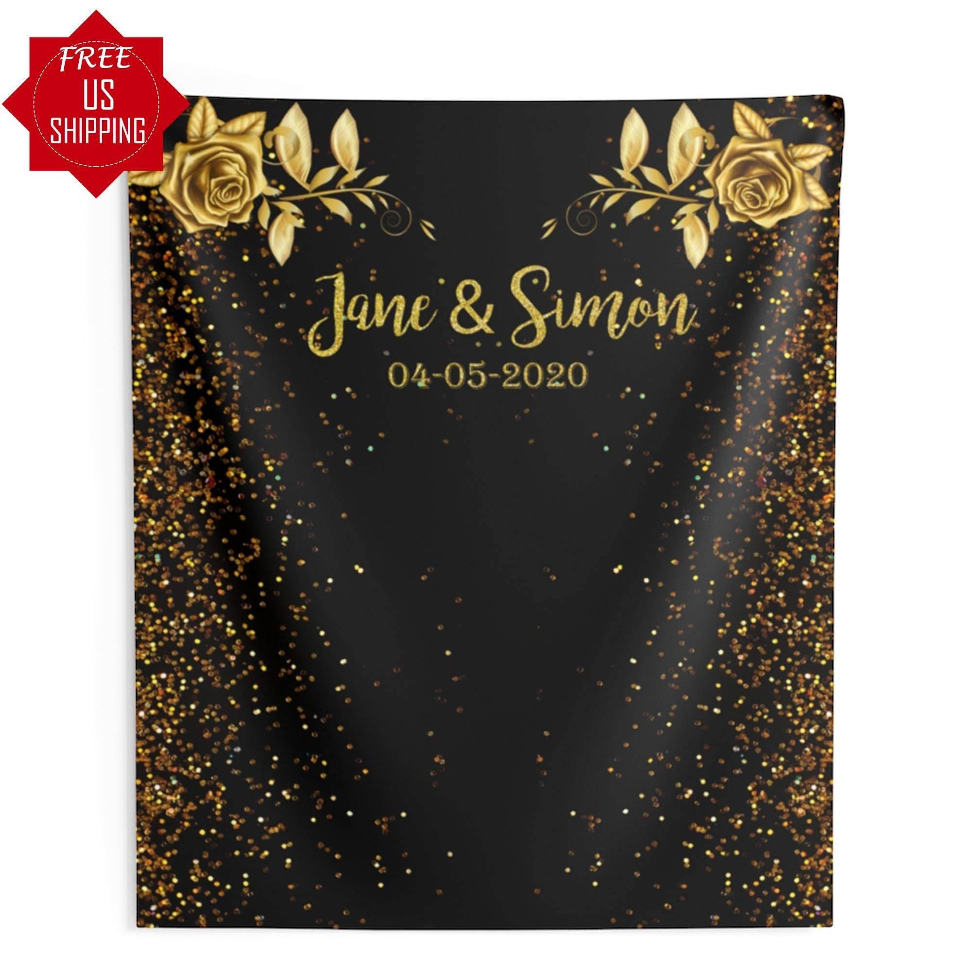 Personalized Black and Gold Glitter Wedding Backdrop - iJay Backdrops