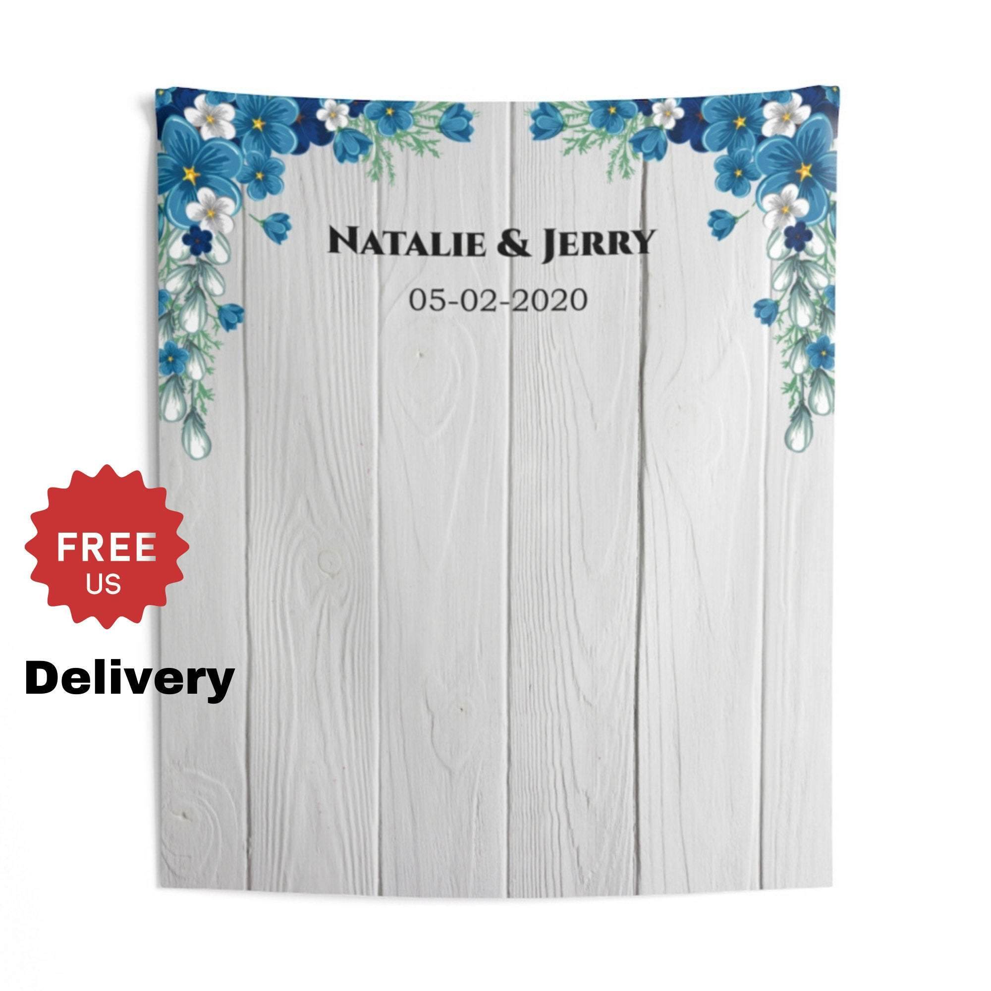 Personalized Rustic Blue Floral Wedding Backdrop - iJay Backdrops