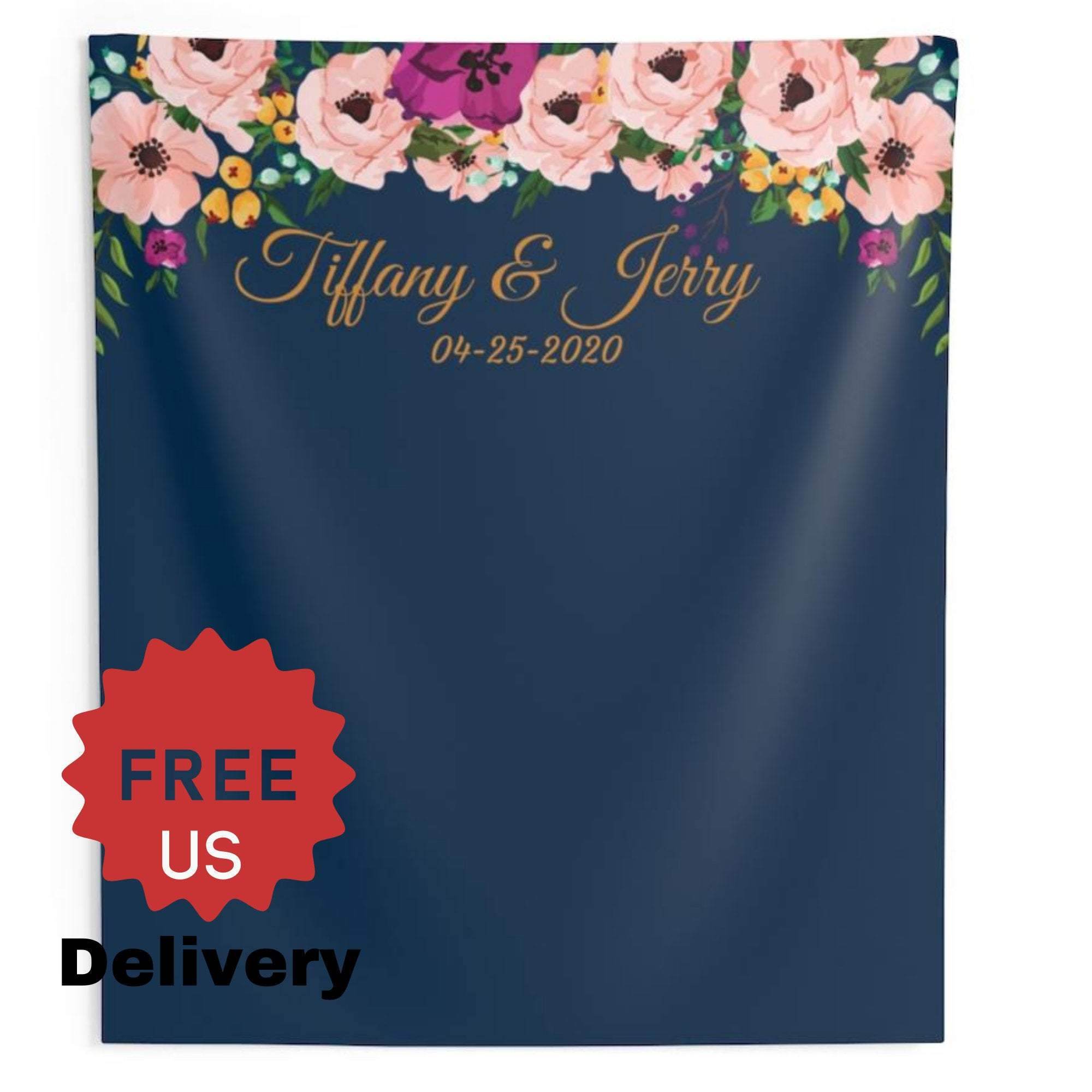 Personalized Navy Blue Wedding Backdrop For Reception / Floral Backdrop - iJay Backdrops