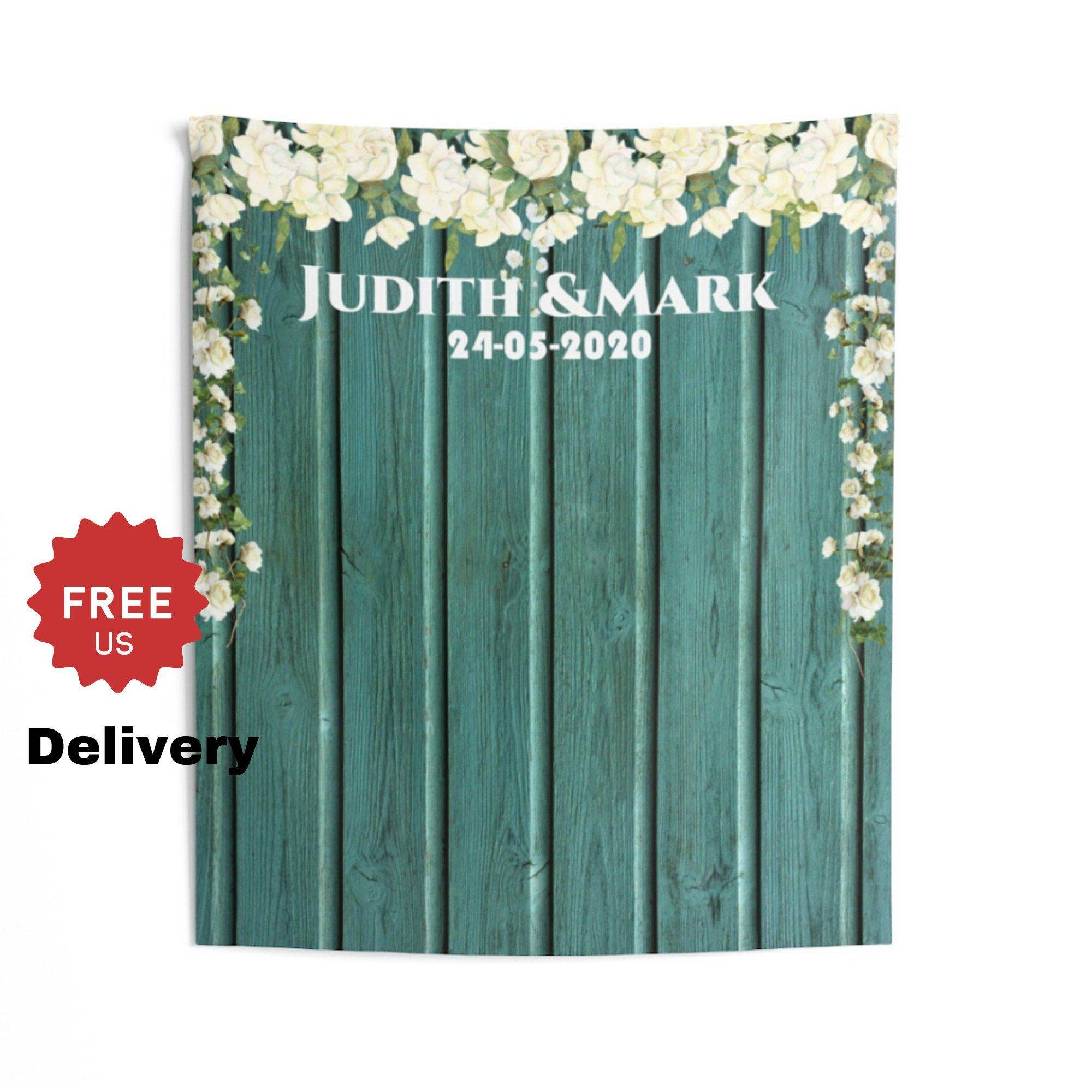 Personalized Rustic Green Backdrop for Wedding Reception - iJay Backdrops