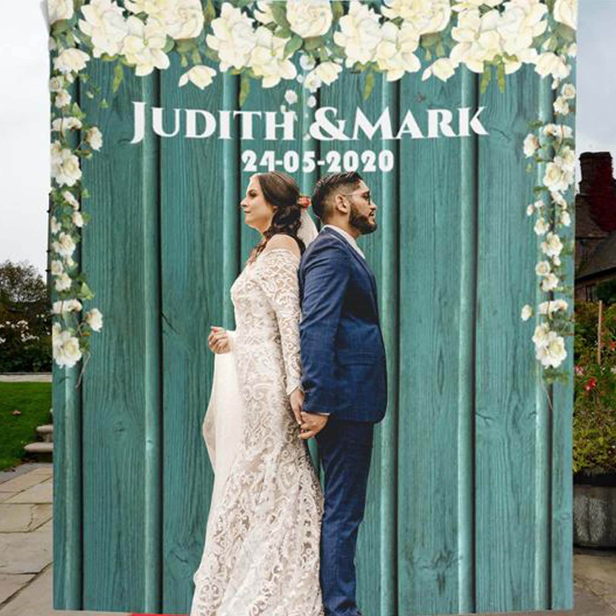 Personalized Rustic Green Backdrop for Wedding Reception - iJay Backdrops