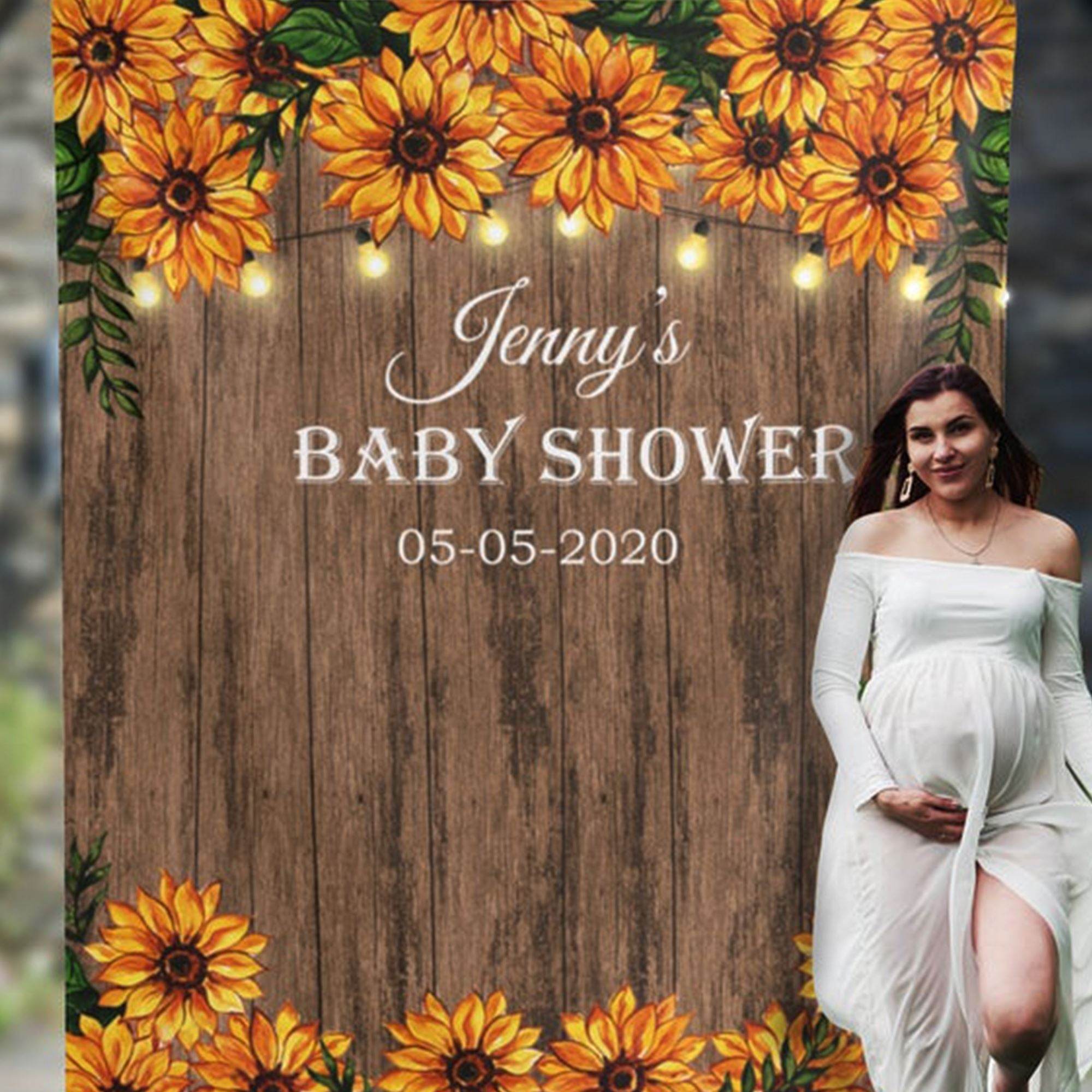 Personalized Rustic Sunflower baby shower backdrop with lights - Shop Now - iJay Backdrops
