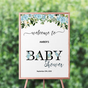 Blue Floral Baby Shower Welcome Sign, Boy Baby Shower Welcome Sign