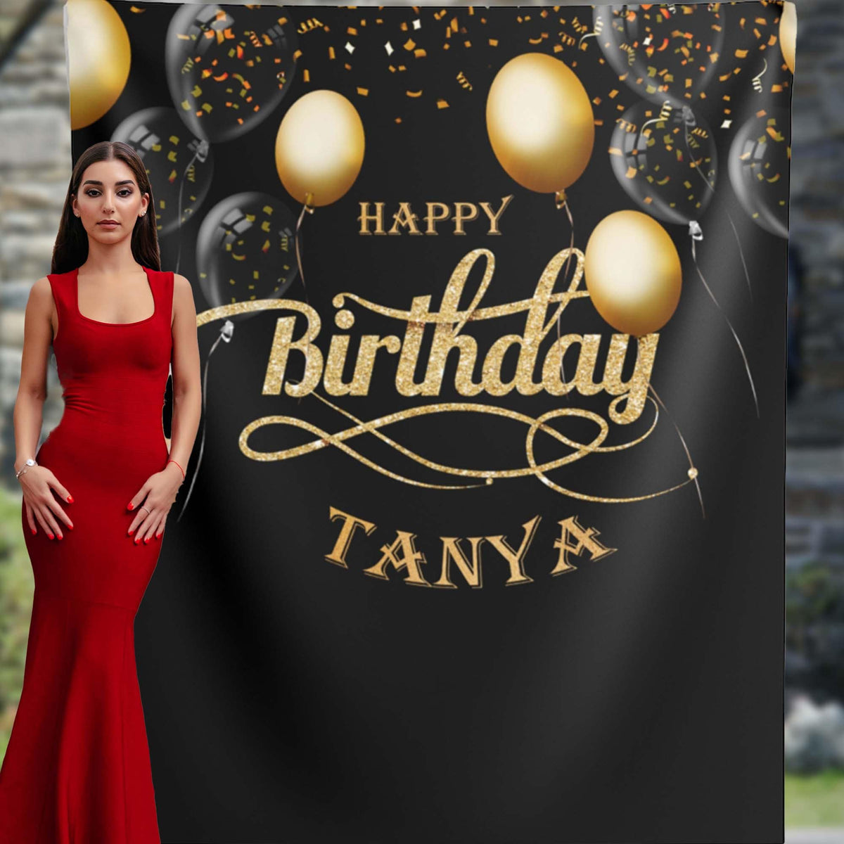 Custom Birthday Banner, Black Gold Custom Balloon Banner, Backdrops and Props, Teen Girls, women birthday Decoration