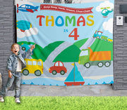 Transport Backdrop, Transportation Birthday Decor, Transport Banner, Vroom vroom Truck Car Background, Cars Trains Trucks and Planes