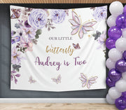 Purple Butterfly Birthday Backdrop Little Butterfly Banner First Birthday Decor Girl Butterfly Party Vintage Style Floral Background Gold