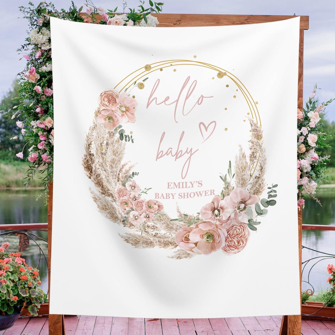 Hello Baby Bohemian Wreath Baby Shower Backdrop