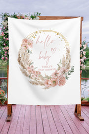 Hello Baby Bohemian Wreath Baby Shower Backdrop Custom Boho Backdrop Blush Pampas Baby Shower Banner Baby Sprinkle Photobooth Girl Baby