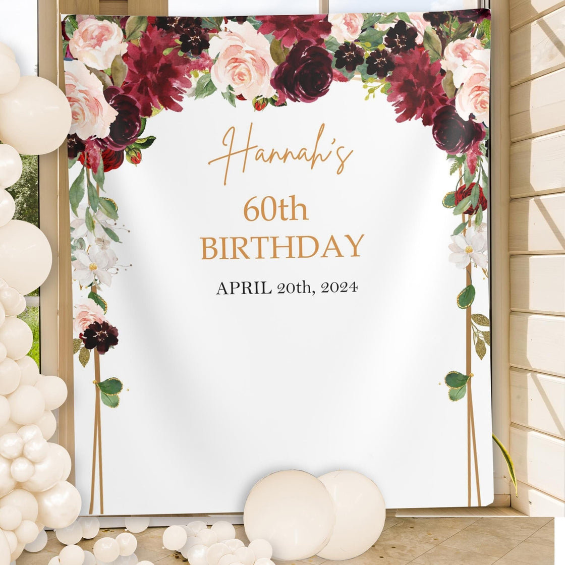 Burgundy Blush Pink Floral Birthday Backdrop Women Floral Party Banner Custom Backdrop Red Arch Background 60th Birthday Photo Booth Decor