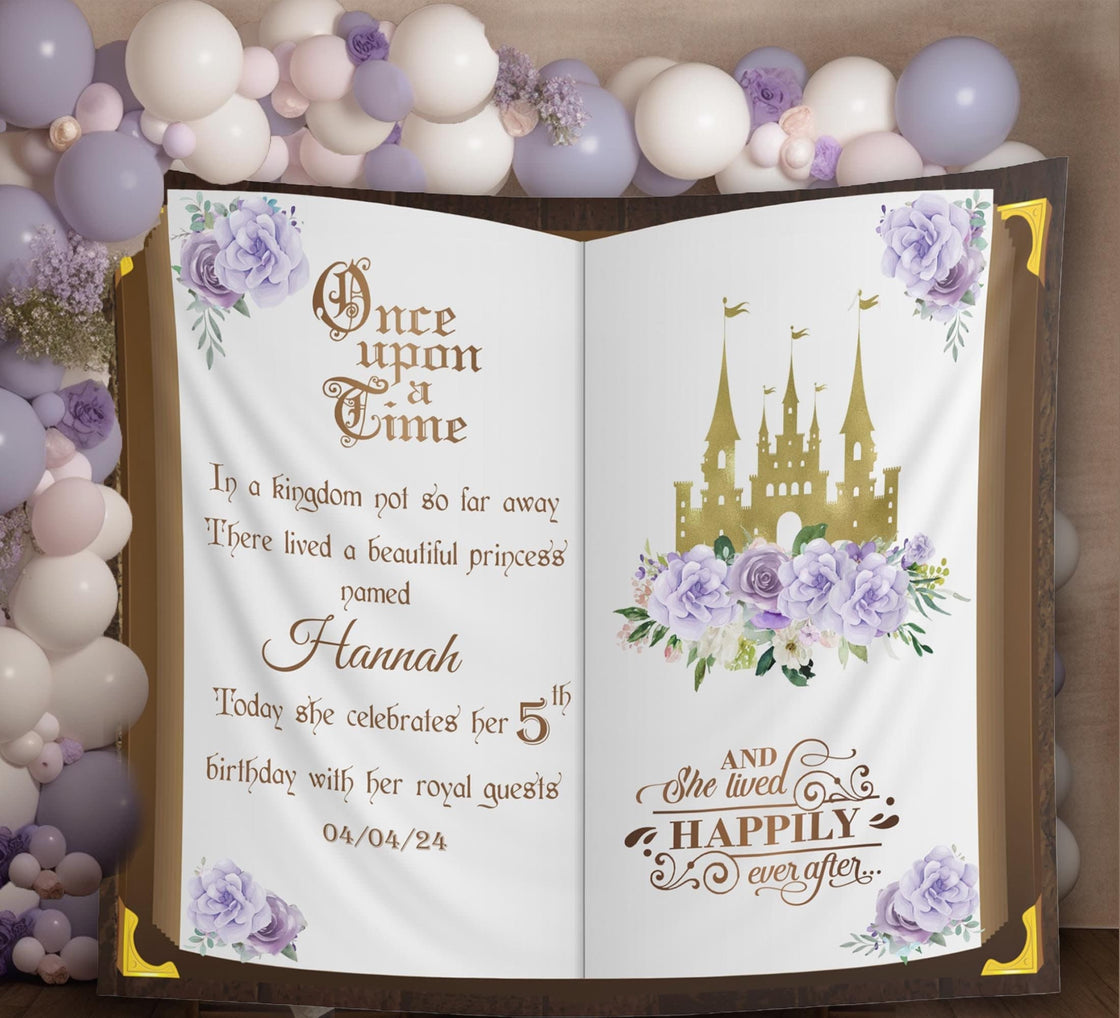 Lavender Book Backdrop Once Upon a Time Princess Birthday Party Decoration Fairytale Storybook Photo booth Lilac Blush First Birthday Castle