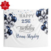 Navy Blue Silver 25th 50th Party Balloon Confetti Banner