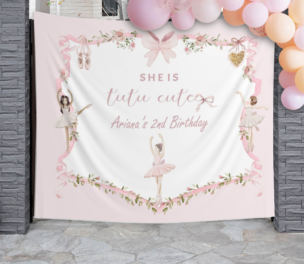 Tutu Cute Birthday Backdrop Girl 2nd Birthday Party Banner Ballerina Blush Floral Decoration Pink Bow Custom Photobooth Second Birthday