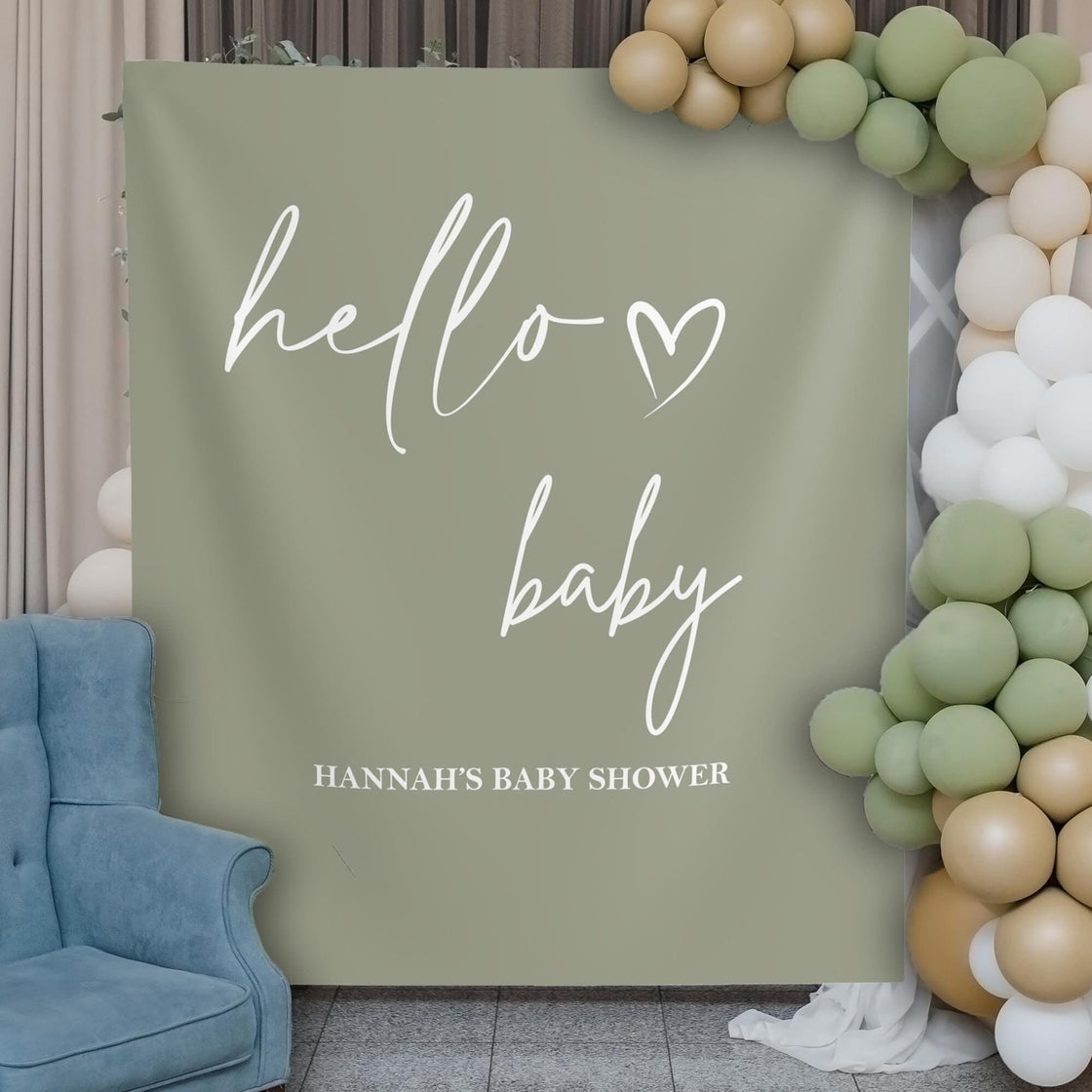 Hello Baby Minimalist Baby Shower Backdrop Sage Green Gender Neutral Baby Sprinkle Banner