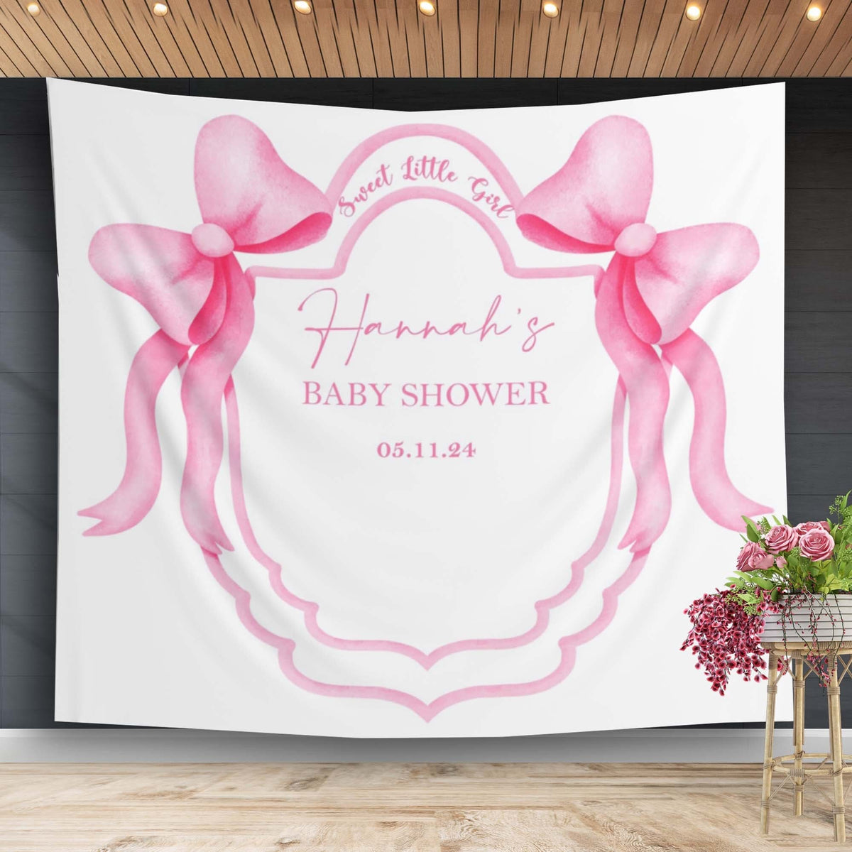 Pink Bow Girl Baby Shower Backdrop Custom Watercolor Ribbon Baby Sprinkle Banner