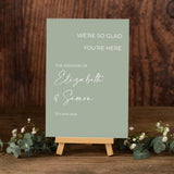 Sage Green Welcome Wedding Foam Board Sign Minimalist Welcome Wedding Poster Personalised Wedding Sign We re So Glad You re Here Printed
