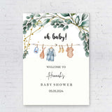 Printed Baby Shower Welcome Sign, Cloth Line Welcome Foam Board, Oh Baby Theme, Baby Boy Clothes Minimalist Paper Poster Greenery Sign