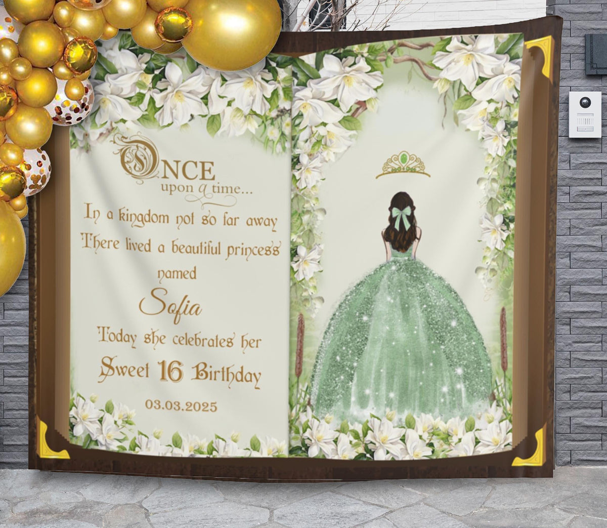 Sage Green Princess Party Banner Quinceañera Floral Backdrop Sweet 16 Decor 15th Anos Birthday Photobooth Once Upon a Time Fairytale Decor