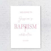 Baptism Welcome Sign Printed & Shipped, Blush Welcome To The Baptism Foam Board Minimalist Christening Decor Soft Pink Bow Poster Paper