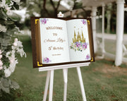 Printed Purple Birthday Sign Princess Prince Floral Welcome Sign Personalized Foam Board Fairytale Birthday Custom Storybook Decoration