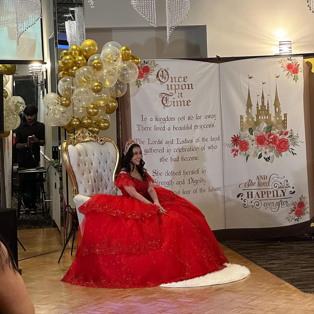 Fairytale Party Backdrop Red Floral Princess Castle Decor First Birthday Storybook Banner Baby Shower Photobooth Bridal Shower Party Prop