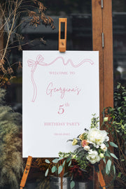 Printed Coquette Bow Birthday Sign Blush Ribbon Welcome Poster Custom Foamboard Party Sign Welcome Personalized Simple Birthday Decor