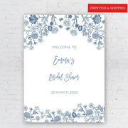 Printed Bridal Shower Welcome Sign Slate Blue Toile Poster Bachelorette Party Foamboard Custom Engagement Party Decor Dusty Blue Floral