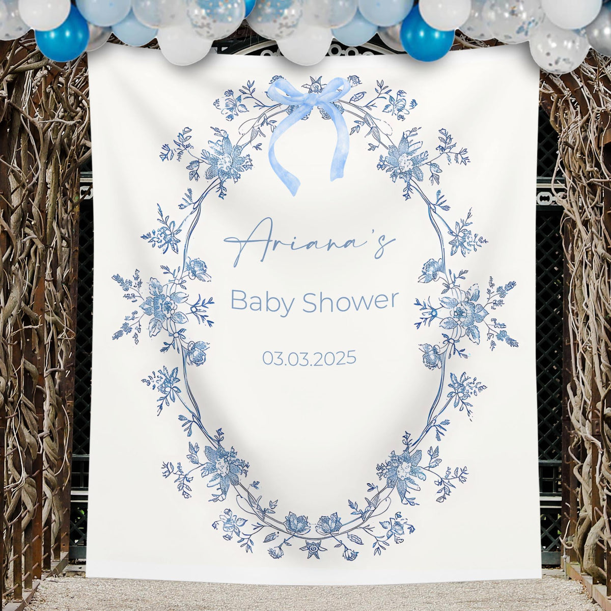 Blue Floral Baby Shower Backdrop Toile Baby Sprinkle Decor Modern Shower