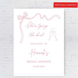 Printed Bridal Shower Sign She's Tying The Knot Custom Coquette Bow Engagement Foamboard Bachelorette Party Future Mrs Decor Wedding Poster