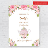 Printed Tea Pot Birthday Party Sign Floral Welcome Poster Custom Foamboard Lets Have Tea Personalized Blush Floral Kettle Decor