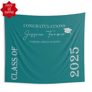 Teal Silver Graduation Decor Class of 2025 Backdrop Custom Grad Party Banner Personalized PhotoBooth High School College Senior Graduation
