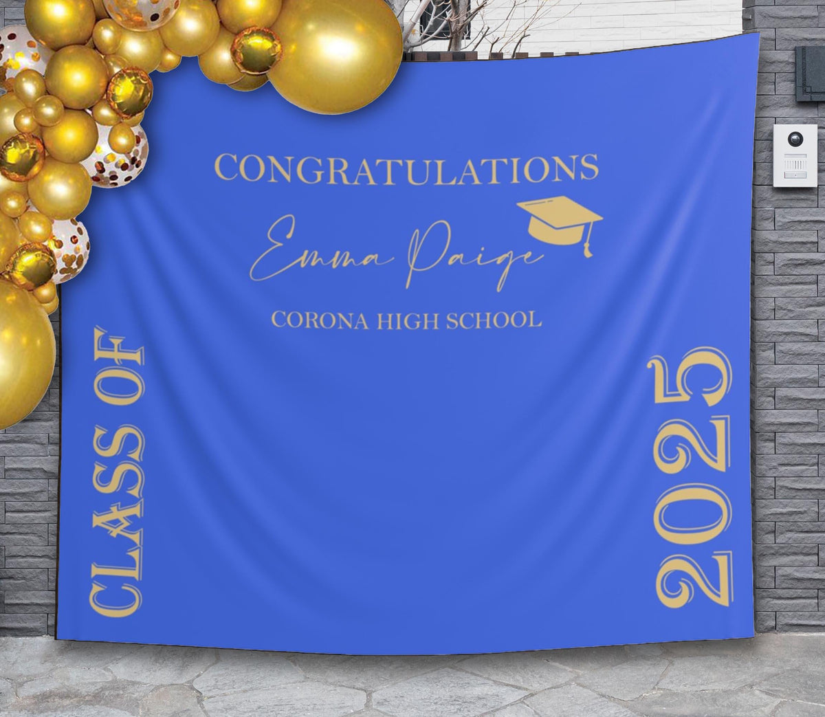 Royal Blue Gold Graduation Decor Class of 2025 Backdrop Grad Party Banner Personalized PhotoBooth High School College Senior Graduation
