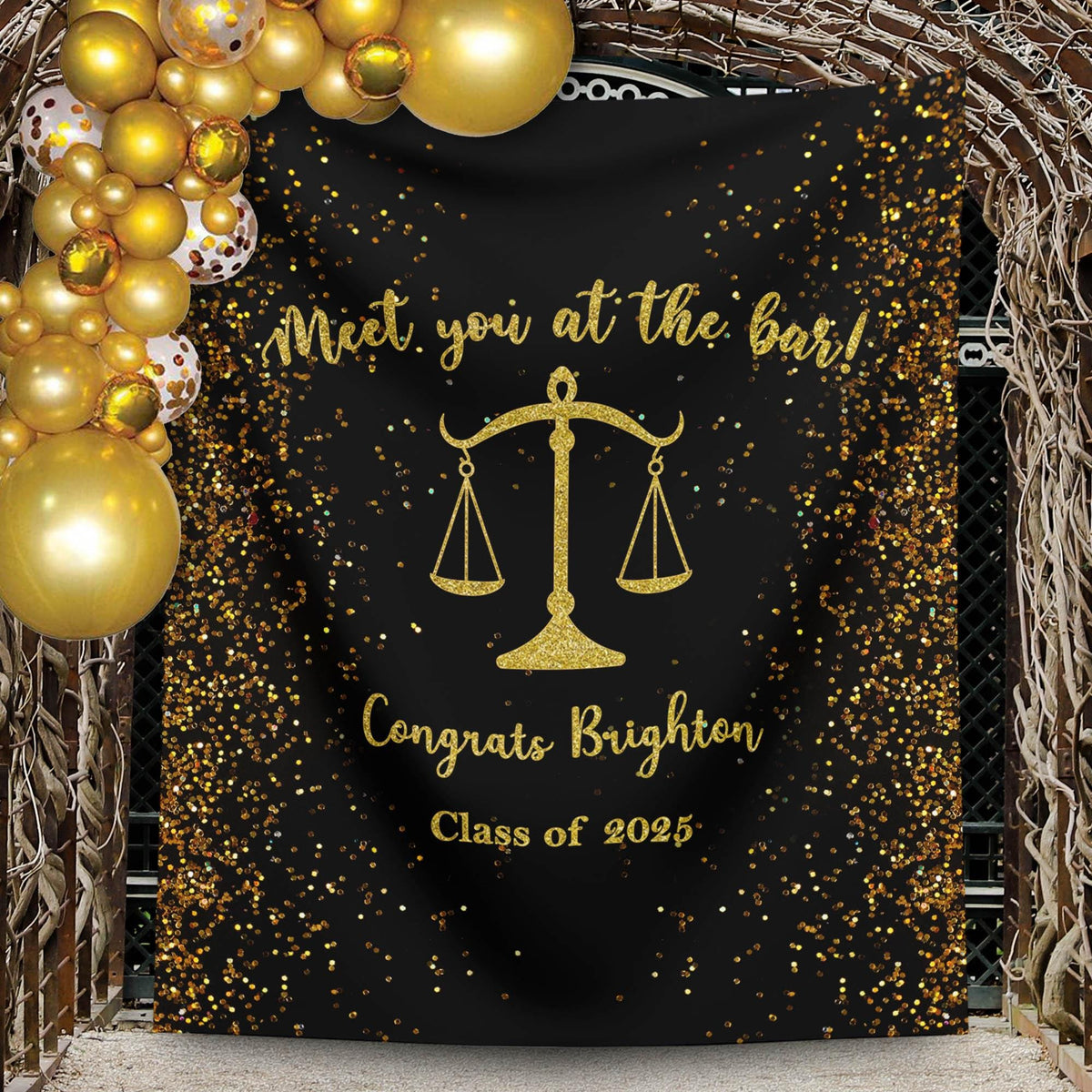 2025 Law School Graduation Decor Black Gold Glitter Lawyer Attorney Grad Backdrop