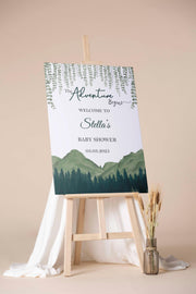 Printed Adventure Baby Shower Welcome Sign, Greenery Mountain Theme Foamboard, Adventure Awaits Paper Poster, Custom Name Welcome Sign