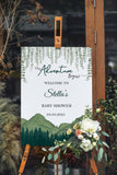 Printed Adventure Baby Shower Welcome Sign, Greenery Mountain Theme Foamboard,