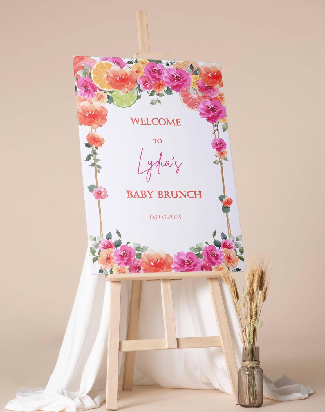 Printed Baby Shower Welcome Sign, Citrus Baby Brunch Foam Board, Custom Hot Pink Orange Floral Baby Shower Decor, Baby Sprinkle Poster
