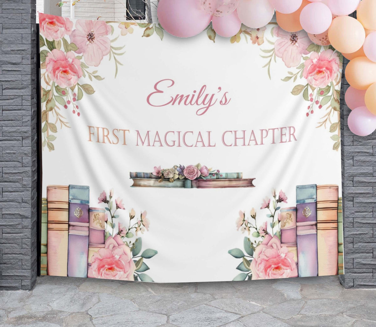 Magical 1st Birthday Party Backdrop, Pink Floral Book Theme First,