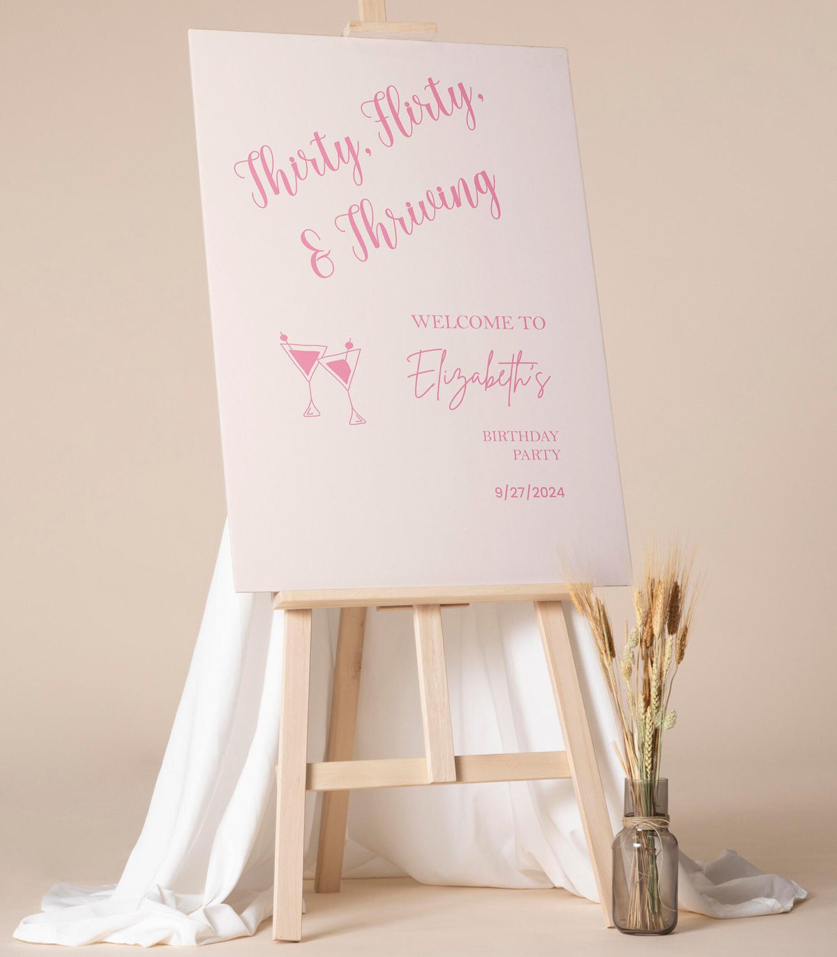Printed 30th Birthday Sign Thirty Flirty Thriving Foamboard Pink Cocktail Welcome Poster Any Age Sign Champagne Glass Party Decor