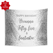 Custom 50th Birthday Backdrop, Fifty Fun Fantastic Fabulous Banner, Personalized Silver Glitter 50th Party Decor, Fiftieth Women's Banner