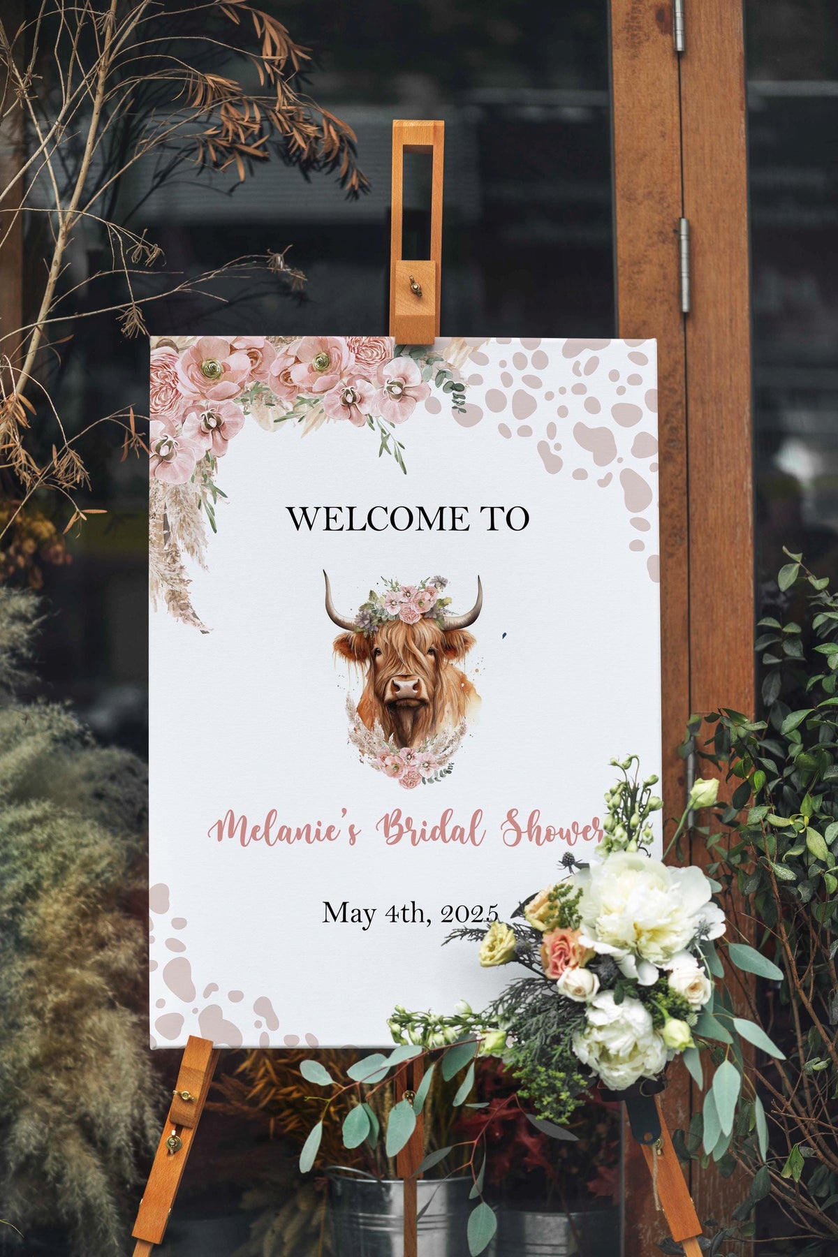 Printed Highland Cow Bridal Shower Welcome Sign Boho Pampas Grass