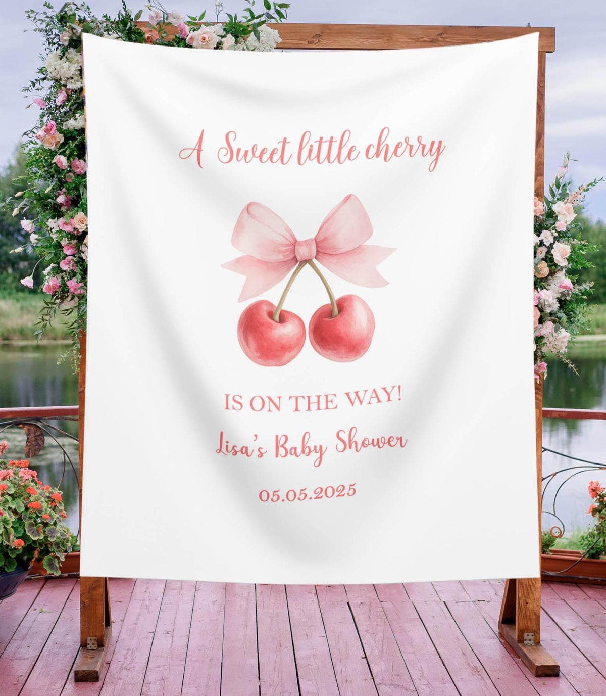 Cherry Baby Shower Backdrop, Couquette Bow Baby Shower Banner,