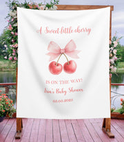 Cherry Baby Shower Backdrop, Couquette Bow Baby Shower Banner,