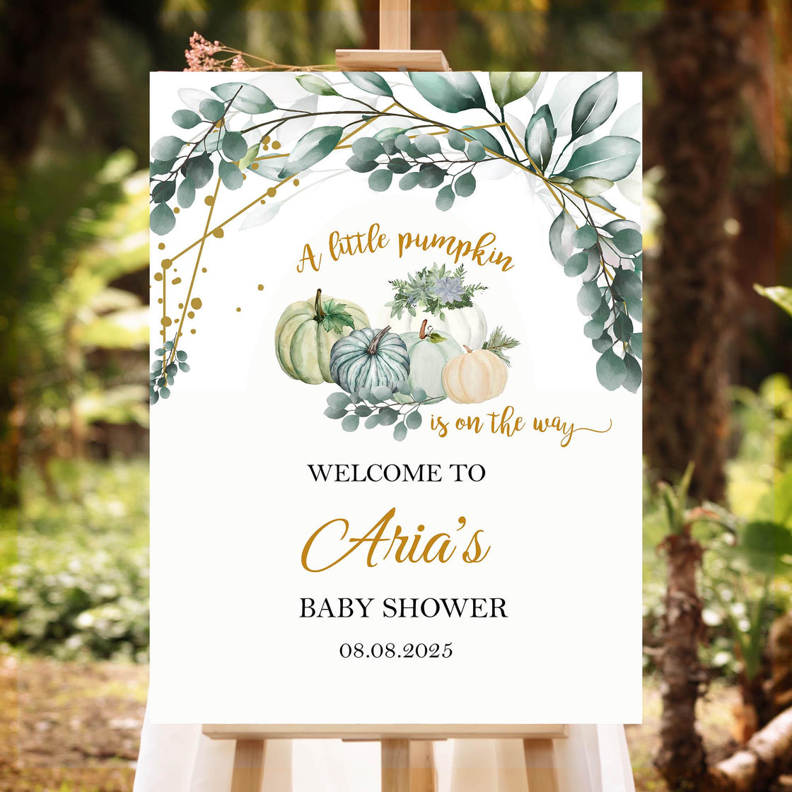 Little Pumpkin Baby Shower Welcome Sign Printed Fall greenery Baby Sprinkle Decor